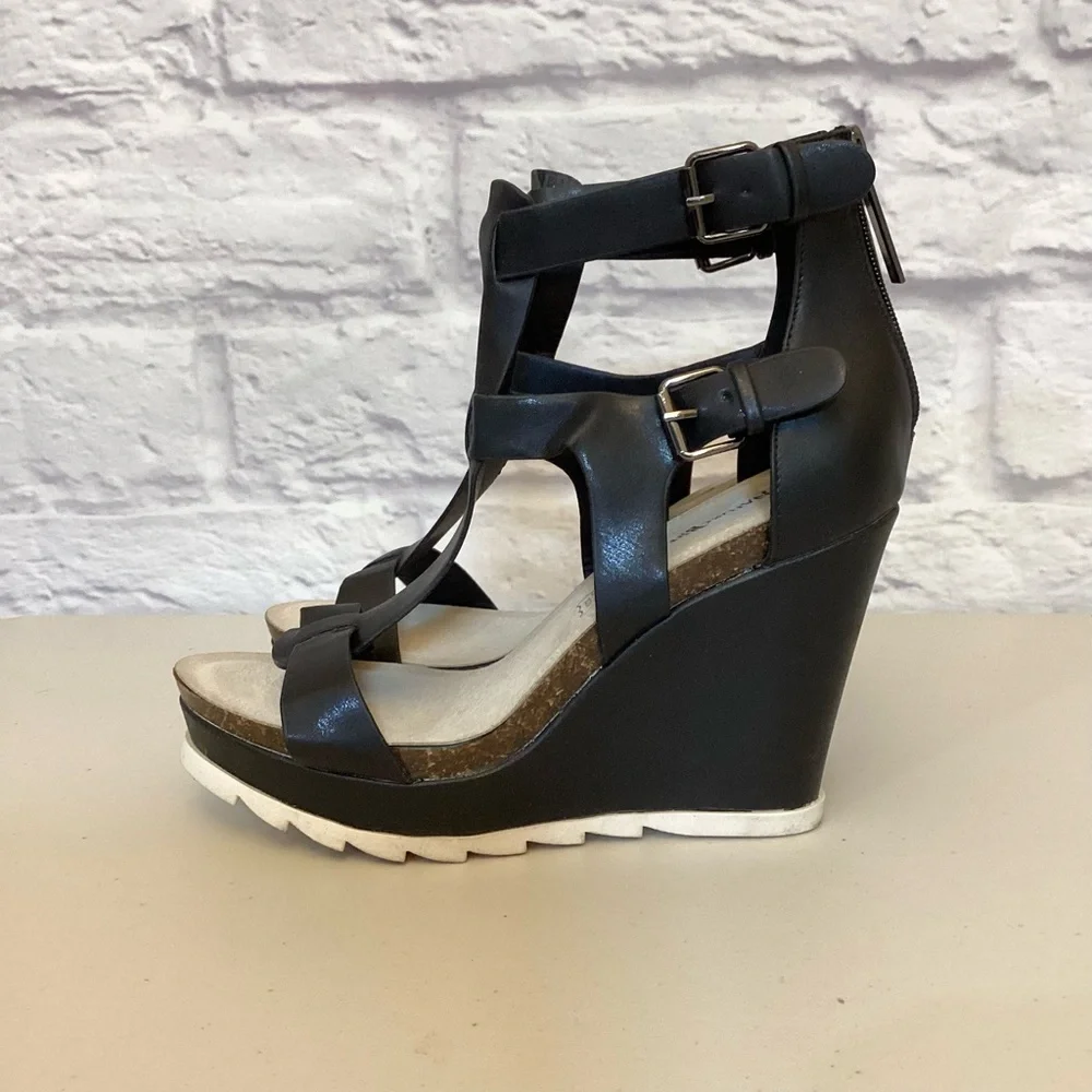Nature Breeze 8.5 Gladiator Black Wedge Leather Sandals Women’s Cork Shoes